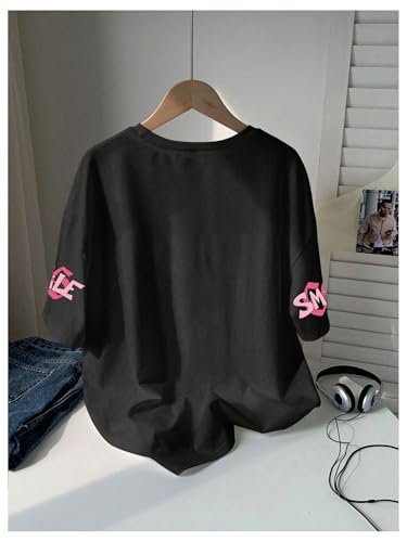 SweatyRocks Girl's Smile Letter Graphic Oversized T Shirts Short Sleeve Casual Tees Streetwear Top2