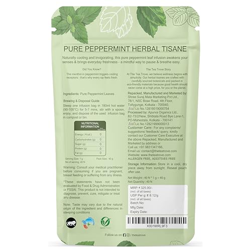 Image of the tea trove Herbal Peppermint Tea Bag Organic-40 Caffeine Free Pepper Mint Tea Bags -Steep Hot Or Iced, 40 Gram,Pack Of 1