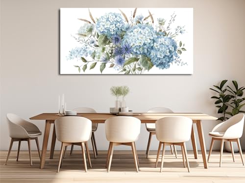 Image of VEAEE Flowers Canvas Wall Art - Blue Floral Canvas Pictures, Living Room Wall Decor, Blue Hydrangea Botanical Canvas Prints Painting Abstract Artwork Bedroom Office Kitchen Home Decoration 29 inchx 58 inch