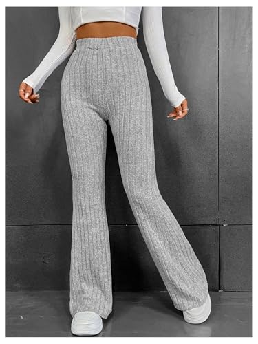 WDIRARA Women's Elastic High Waist Flare Pants Ribbed Knit Bell Bottom Trousers3