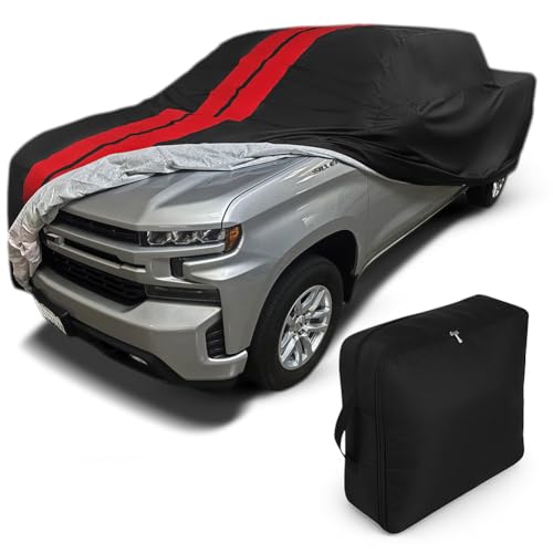Image of SR1 Performance USA Ultraguard Truck Cover for 1999-2026 Chevrolet Silverado & GMC Sierra 1500 Crew Cab 5.5ft Bed - Custom Fit Indoor /Outdoor UV Protection, 300D Water Resistant (Black /Red Stripes)