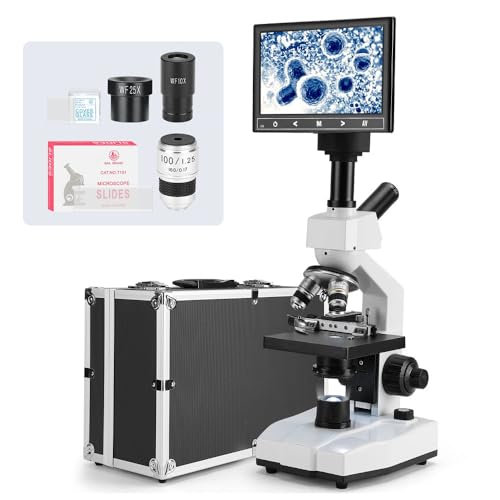 Image of Dual-View Lab Compound Monocular Microscope 40X-2500X Magnification with 7 inch LCD Display, Wide-Field 4X /10X /40X(s) /100X(Spring Oil) Eyepieces, Adjustable Mechanical Stage, Aluminum Carry Box
