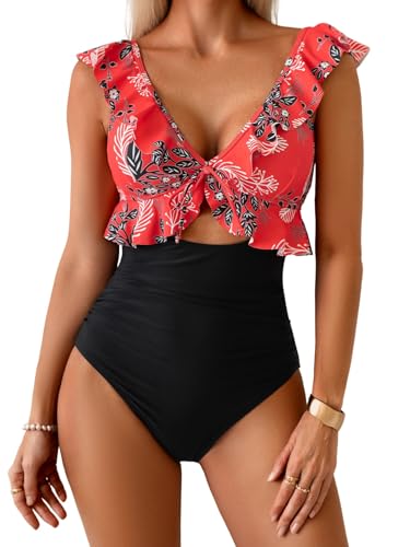 Image of Eomenie One Piece Swimsuit for Women Tummy Control Ruffle Bathing Suit V Neck Ruched Swim Suit Slimming Cutout Swimwear