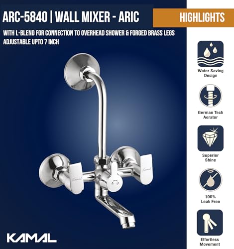 Image of KAMAL Wall Mixer - Arch Eco | Mirror Finish | Sturdy Brass Build | Hot and Cold Shower Mixer | 165mm Long Bend Pipe | Easy to Use Click Fitting Mixer Faucet | Wall Mounted