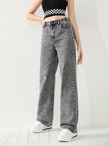 Verdusa Girl's Elastic High Waist Straight Leg Jeans Denim Pants Grey 14Y4