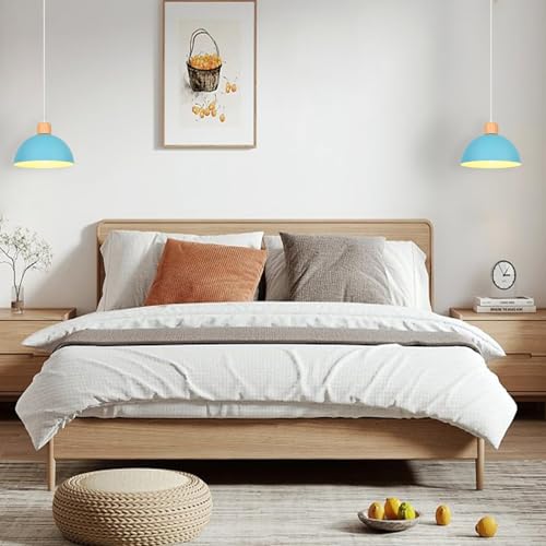 iDEGU 25cm Retro Pendant Light E27 LED Ceiling Light Modern Scandinavian Style Hemisphere Hanging Lampshade Metal Wood Pendant Light Fixture for Bedroom Dining Room Kitchen Restaurant (Blue) - Image 3