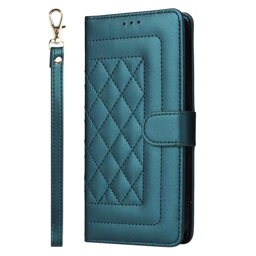 XYX Wallet Case for iPhone 13 6.1 Inch, Leather Flip Folio, Card Holder, Shockproof, Kickstand, Wrist Strap Lanyard, Dark Green