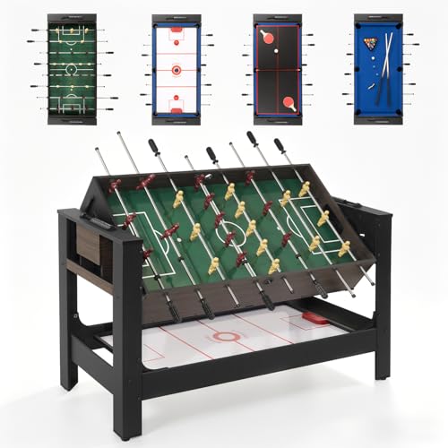 54 4-in-1 Swivel Multi Game Table Combo Game Table Set w/Air Hockey Billiards Foosball Table Tennis for Adults Space-Saving Sports Table for Home Game Room Party