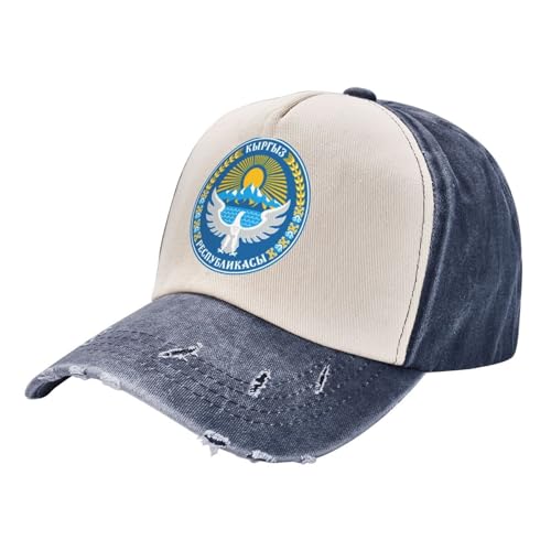 Casquette Homme Femme 100% Coton Armoiries du Kirghizistan Casquette de Baseball en Denim délavé réglable Symbole De La Culture Nationale Baseball Cap Rétro pour Le Running et Les Sports Extérieurs