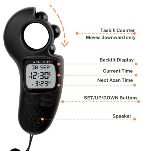 Image of Islamic Prayer Time and Athan Sound Reminder Digital Tasbih Counter, Full Azan Clock for USA and Worldwide, Portable - Black