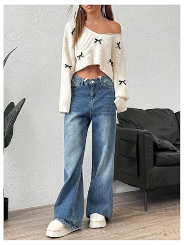 Milumia Women's V Neck Long Sleeve Cute Bow Sweaters Off Shoulder Knitted Crop Solid Pullover3