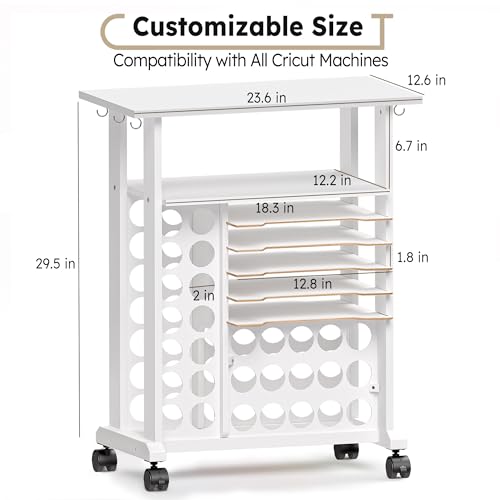 Craft Organizers and Storage Compatible with Cricut Machines, Rolling Storage Cart with Vinyl Roll Holders Crafting Table for Adults
