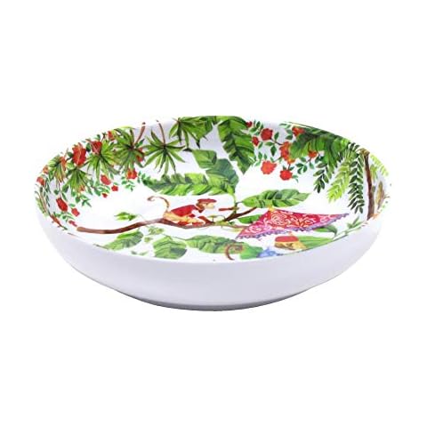 Les Jardins de la Comtesse - Cuenco/Plato Sopero de Melamina Pura o Plato de Sopa/Pasta – Tema Monos de Bali - Blanco Rojo y Verde - Servicio de Cena Cover