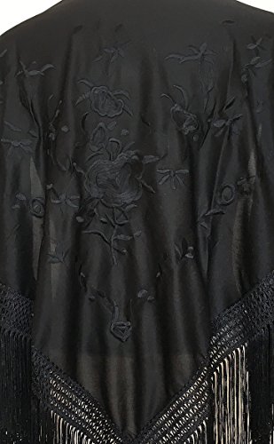 La Senorita Spanish Flamenco Dance Shawl black with black flowers size L2