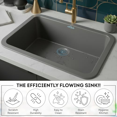 Image of ARQUIN Quartz Sink 24x18x9 Inch Grey Round Corner | Single Bowl Sink | Durable & Scratch-Resistant | Undermount /Topmount Including Coupling, Waste Pipe & Fruit Washing Basket