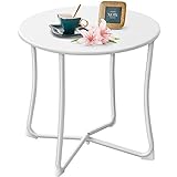 AMAGABELI GARDEN & HOME Metal Patio Side Table Weather Resistant Anti-Rust Outdoor End Table Small Steel Round Coffee Table Porch Table Snack Table for Balcony Garden Yard Lawn,18 x 18 Inch White