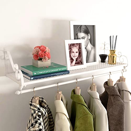 Nicheo Storage Wrought Iron Coat Rack Shelf Wall Mounted Hanging Closet with Clothing Rods Garment Hanger for Daily Clothes Hat Bag and More Ideal Organizer for House (39.4", White)