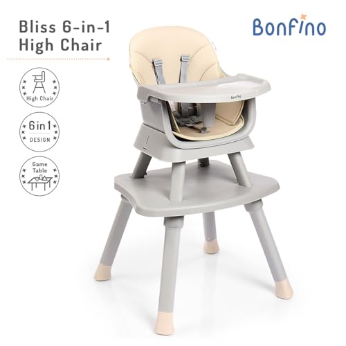 Image of Bonfino Bliss 6-in-1 Premium High Chair for Baby, Convertible Booster Seat, Study & Game Table with Removable Tray, Feeding Chairs for 6 Months to 3 Years, 5-point Safety Harness, Anti Skid Legs (Grey)
