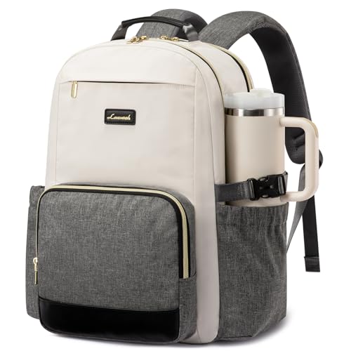 Image of LOVEVOOK Laptop Backpack for Women with Pouch Pocket for Large Capacity Cup,15.6 Inch Laptop Computer Bag Travel Backpack Purse,Waterproof Work Business Backpack College Teacher Bags,Beige-Gray-Black