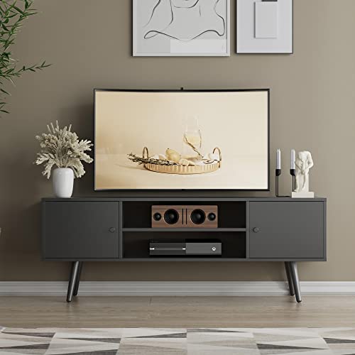 Cozy Castle Mid-Century Modern Tv Stand For 55/60 Inch Tv, Entertainment Center With Storage Cabinet And Open Shelves, Tv Media Console For Living Room, Bedroom And Office, Black #TOP4