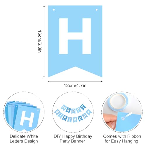 Image of Happy Birthday Banner Sign, Birthday Garland Wall Door Hanging Banners Flag for Women Men Boys Girls Party Backdrop Decorations, Personalized Name Banner White Letters Light Blue