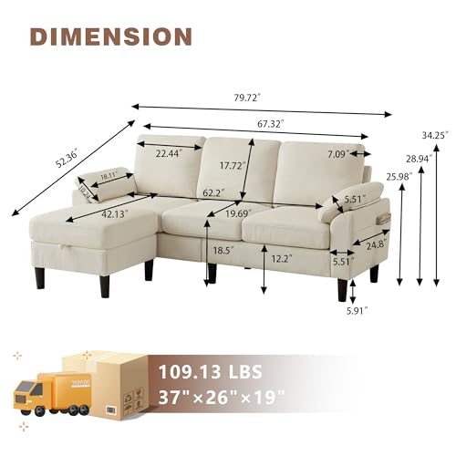 Image of 79.72 inch Corduroy L Shaped Sectional Sofa with Storage Ottoman for Living Room and Small Space