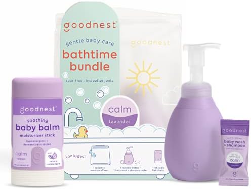 Goodnest Baby Bathtime Bundle, Soothing Lavender Baby Care Set, (1) 3-in-1 Baby Shampoo + Wash Foaming Soap Tablet, (1) 12oz Pump Bottle & (1) Soothing Moisturizing Baby Balm w/Reuseable Wet Bag