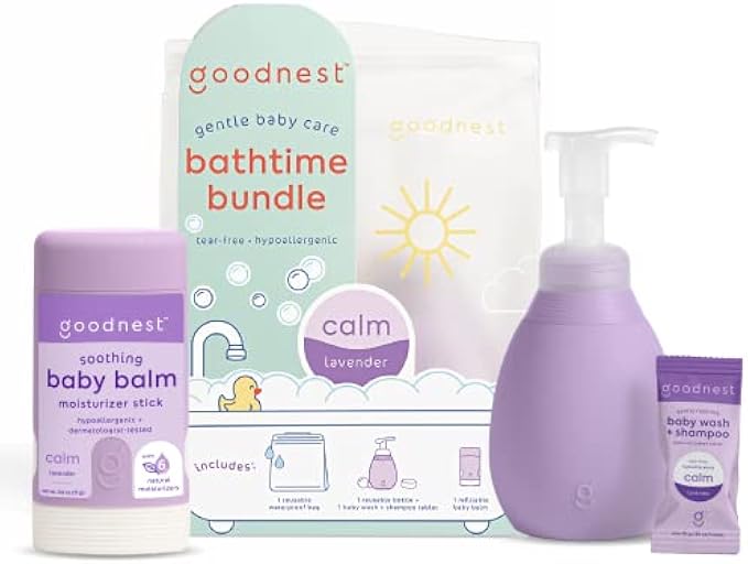 Goodnest Baby Bathtime Bundle, Soothing Lavender Baby Care Set, (1) 3-in-1 Baby Shampoo + Wash Foaming Soap Tablet, (1) 12oz Pump Bottle & (1) Soothing Moisturizing Baby Balm w/Reuseable Wet Bag