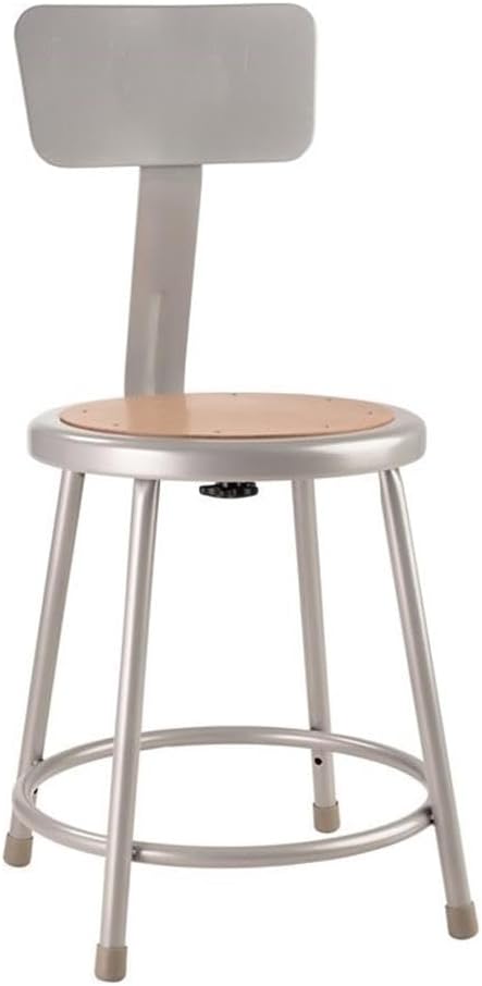 Pemberly Row 18" Modern Metal Stool with Backrest, Adjustable Height 31-33" H, Masonite Wood Seat, Gray and Brown Finish, Heavy Duty Design for Home, Art Rooms, Science Labs, or Classrooms
