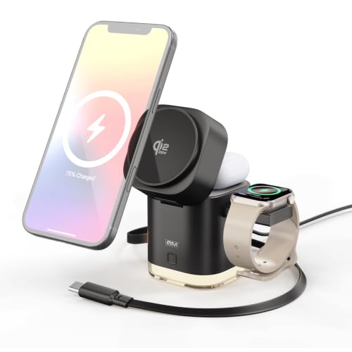 Image of GM G+ Quantum Qi2.2 25W Magnetic Wireless Charger | 5-in-1 Charging Station for iPhone, Apple Watch & AirPods | Infrared Hand-Wave Rotation, Night Lamp, Retractable 100cm Type-C Cable (Matte Black)