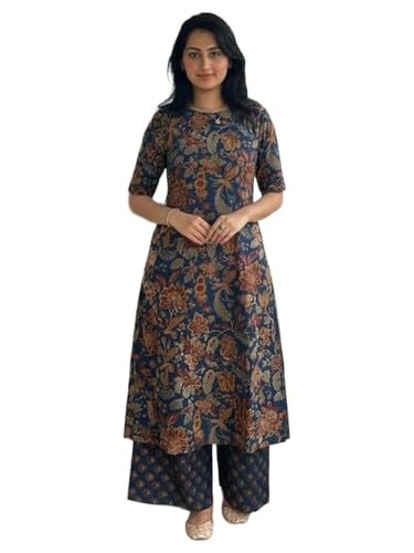 Image of ANNI Designer Women's Rayon Viscose Straight Printed Kurta with Palazzo | Elbow Length Sleeve Kurti Set | Close Neck with Back Slit | Soft Comfortable Fabric | 2 Piece Outfit