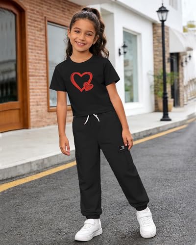 Image of Betusline Girls 2 Piece Summer Outfits,Black Heart Cute Short Sleeve Crop Tops + Black Cargo Jogger Pants Clothes,13-14 Years = Tag 170