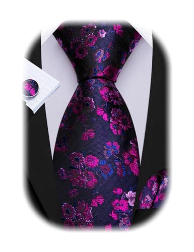 Image of Barry.Wang Flower Ties for Men Silk Woven Floral Tie Sets Necktie Handkerchief Cufflinks Wedding Party