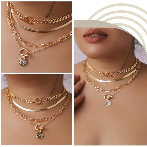 Lilbitty 4er Pack Damen-Halsketten, Schmuck Gold Ketten Set mit Edelstahl, Cuban Chain, Choker und Herringbone, Schichtbar & Elegant für Jeden Anlass