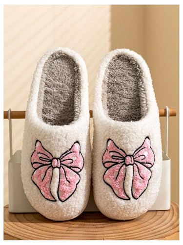 Verdusa Women's Bow Fuzzy Bedroom Slippers Warm Indoor Home Slipper Shoes2