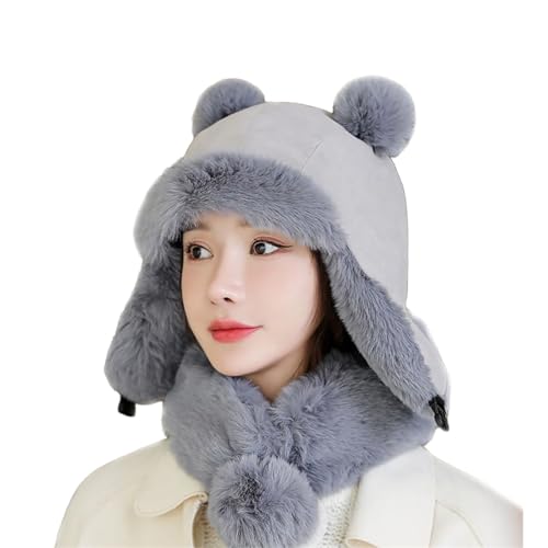 Fuzzy Trapper Hat Coller Scarf Set Women Teens Warm Fuzzy Faux Fur Neck Gaiter Ushanka Russian Hat Winter Windproof Hunting Cycling Ski Cap Earflap Hat Scarf Head Neck Warmer Grey