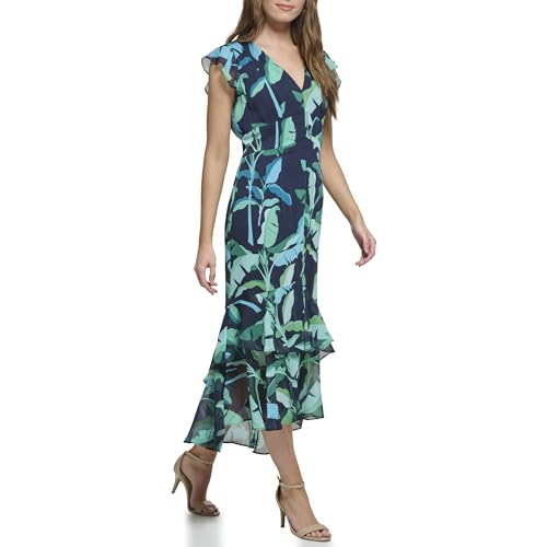 Image of Tommy Hilfiger Women's Flutter Sleeve V-Neck Ruffle Trim Hi-Lo Midi Dress