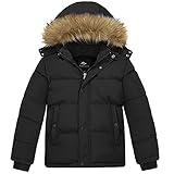 FARVALUE Boys Water Resistant Winter Coat Warm Quilted Puffer Jacket Hooded Parka Thicken Down Jacket for Boys Black 10-12