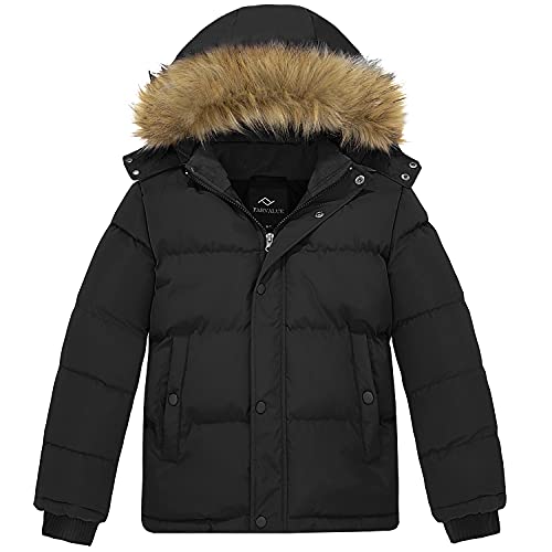 Image of FARVALUE Boys Water Resistant Winter Coat Warm Quilted Puffer Jacket Hooded Parka Thicken Down Jacket for Boys Black 10-12