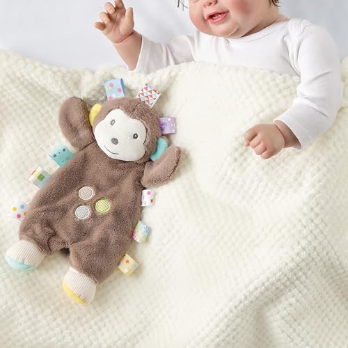 Image of CREVENT Cozy Plush Baby Animal Head Security Blanket, Soft Monkey Lovey with Crinkle Arms for Baby Girls & Boys Birthday Gift