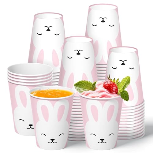 Vanulus 60 Pcs Easter Bunny 9oz Disposable Paper Cups Drinking Tea Disposable Coffee Cups for Pink Rabbit Kids Birthday Baby Showers Spring Tea Party Cocktail Parties