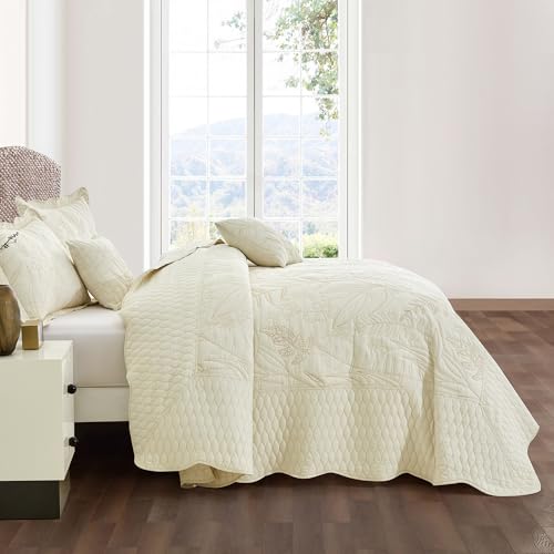 Image of Bedspread oversized,King 120x118,Beautiful Leaf Stitching,5 PC, Ivory