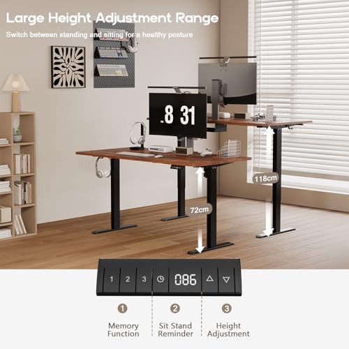 Electric Standing Desk 160 x 80 cm, USB Charging Height-Adjustable Desk witn Headphone Hooks & Sit Stand Reminder, Sit Stand Table & Workstations with Cable Tray,Home Office Desk, Rustic Brown