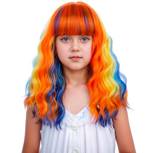 Image of Colorful Wig Child Short Rainbow Wavy Curly Wigs Colorful Wig with Air Bangs Synthetic Cosplay Hair Wigs