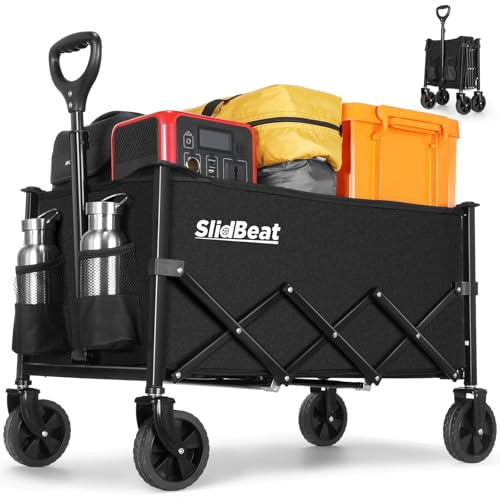 SLIDBEAT Bollerwagen Faltbar 120L 100KG, Abnehmbarer Stoffbeutel Faltbarer Bollerwagen All Terrain Räder Verstellbarem Griff, Klappbollerwagen mit Getränkehalter Für Camping Outdoor Garten Shopping