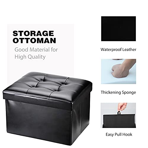Docvania 17" Small Storage Ottoman Foot Rest Stool Short Ottoman Foot Stools Foldable Footrest Faux Leather Folding Storage Thicker Foam Rectangle Collapsible Bench,Black #TOP3
