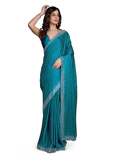 Image of TRENDMALLS Women's Satin Silk Siroski Zarkan Work Saree with Unstitch Blouse Piece