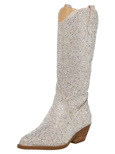 Locerich Women Rhinestone Cowgirl Boots Cowboy Mid Calf Boots Sparkly Glitter Boots Shoes Bling Pointed Toe Chunky Heel 2In Side Zippers Pull On cover