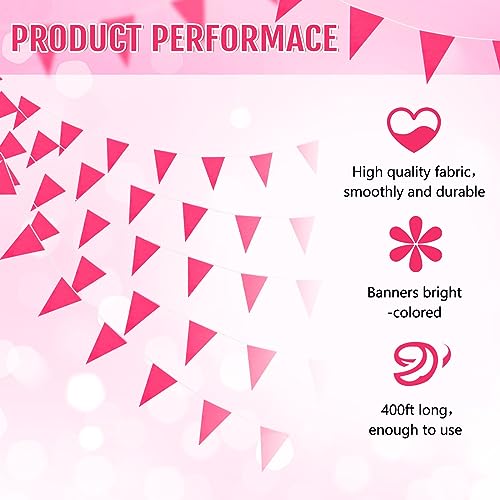 Image of Preboun 400 ft Solid Pennant Banner Flags 240 Pcs String Hanging DIY Triangle Bunting Bulk Garland for Grand Opening Carnival Birthday Party Decoration Outdoor(Pink)
