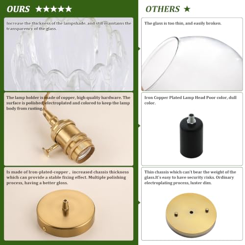 Image of Shenmoyl Pendant Light 2 Pack with Clear Tulip Glass Lmapshade, Brass Vintage Pendant Light Adjustable Hanging Light for Kitchen Island Dining Room Hallway